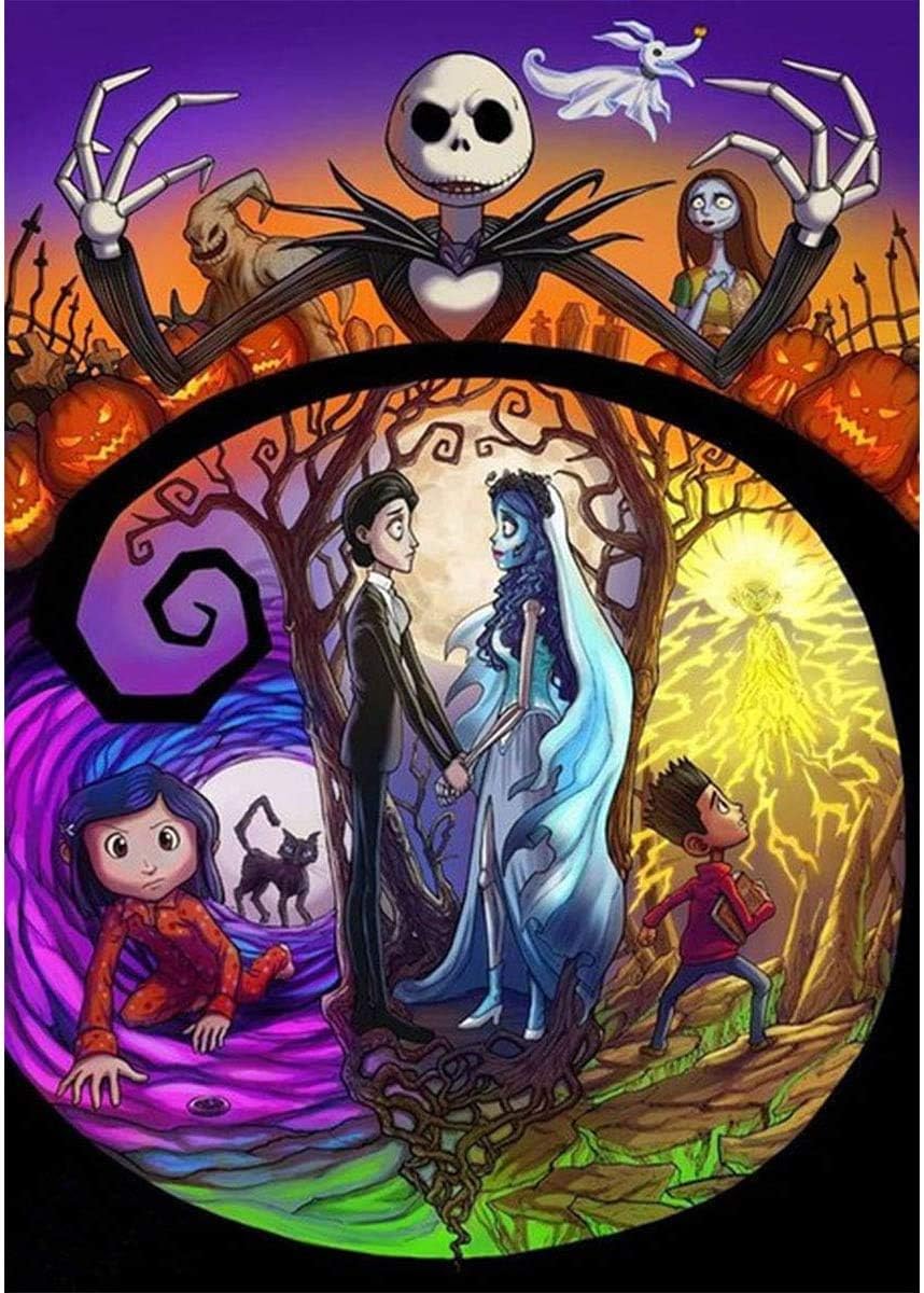 DIY Diamond Painting Jack and Sally Halloween 12x16Inch, Full Round Drill Kits Nightmare Before Christmas Cross Stitch Mosaic Art for Adults Relax &#x26; Home Wall Decor Festival Gift