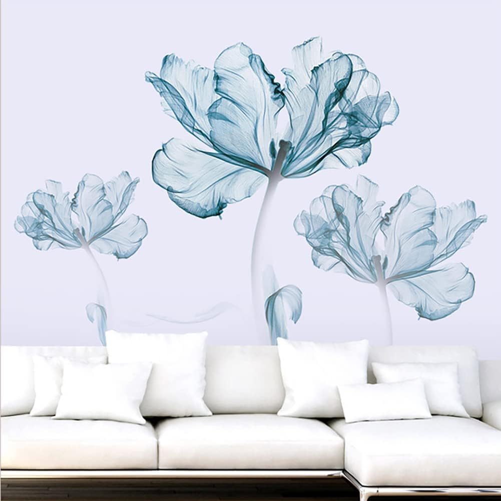 Large Blue Flower Wall Decals Poppy Floral Wall Art Stickers for Girls Bedroom Living Room Bathroom Office TV Background Decor
