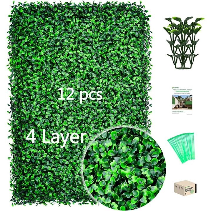 12 Pcs Artificial Boxwood Hedge Panels 24&#x22;x16&#x22; Indoor/Outdoor Privacy Screen &#x2013; Realistic UV-Resistant Grass Wall Decor, 31 Sq Ft Coverage, for Garden, Wedding Backdrop
