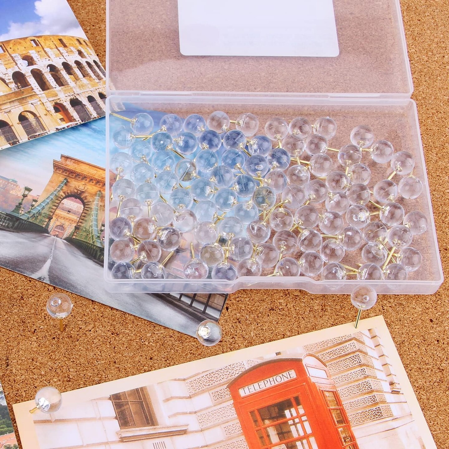 100 pcs 1/3 inch gold push pins map tacks steel point with transparent round heads
