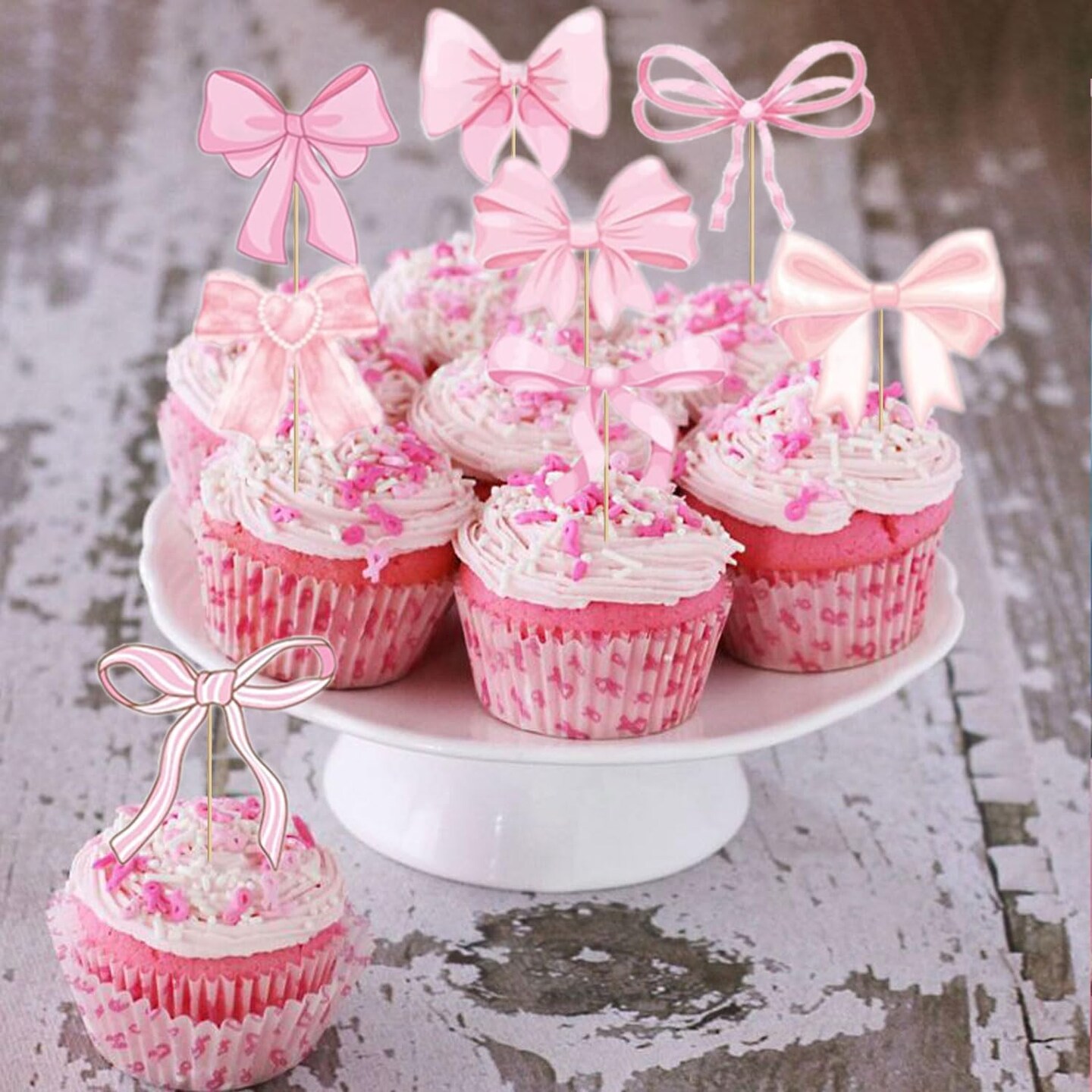 Pink Bow Cupcake Toppers, Pink Bow Coquette Birthday Cake Decorations for Birthday Baby Shower Pink Bow Theme Party Decor (36)