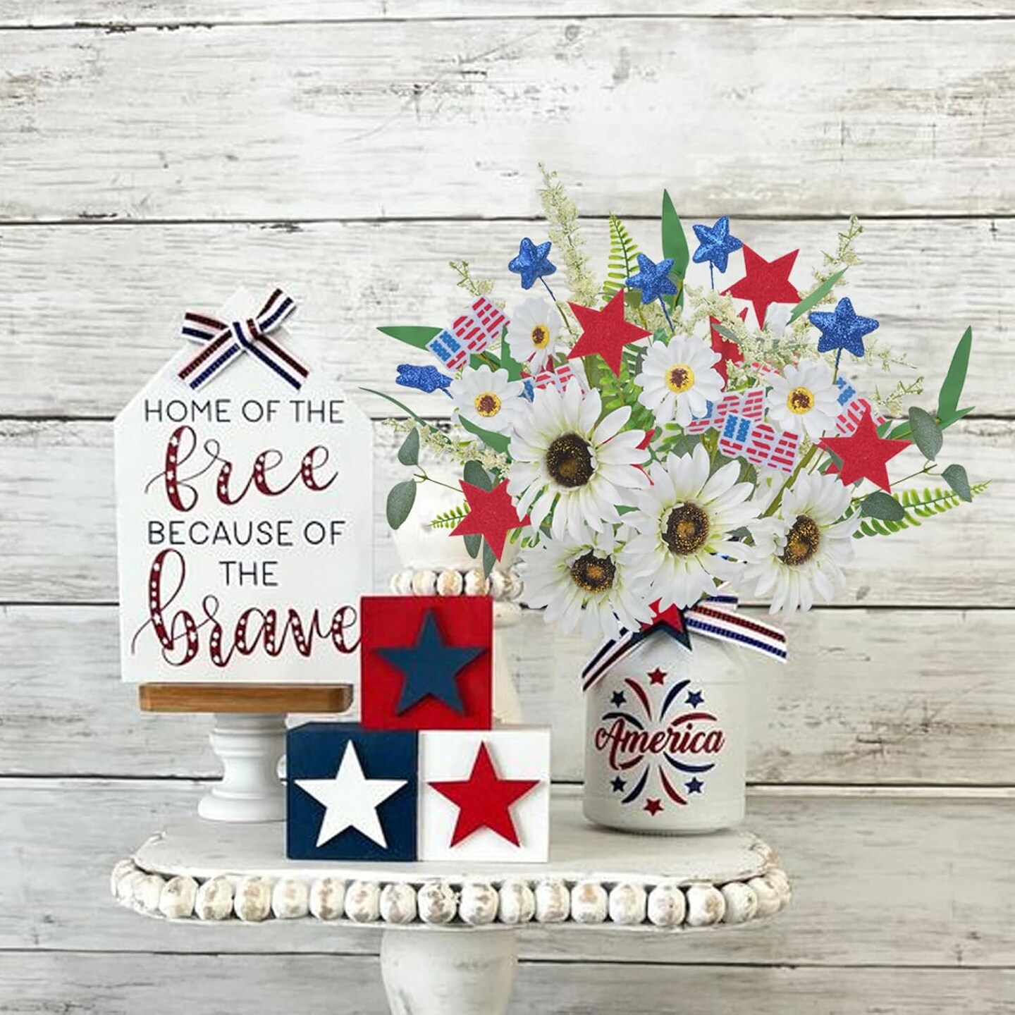 6pcs Silk Wildflower Picks for 4th of July Decorations Artificial Daisy Flowers with Blue &#x26; Red Stars Patriotic Decorations