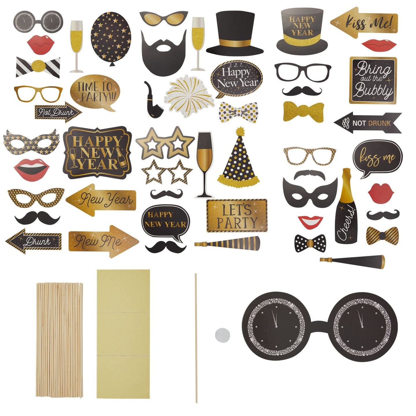 Blue Panda Photo Booth Props - Festive Year End Celebration Party Supplies - Wedding Photo Booth Accessories & Backdrop Props - Glossy Cardstock Durable Design for Reuse - Black & Gold, Pack of 50