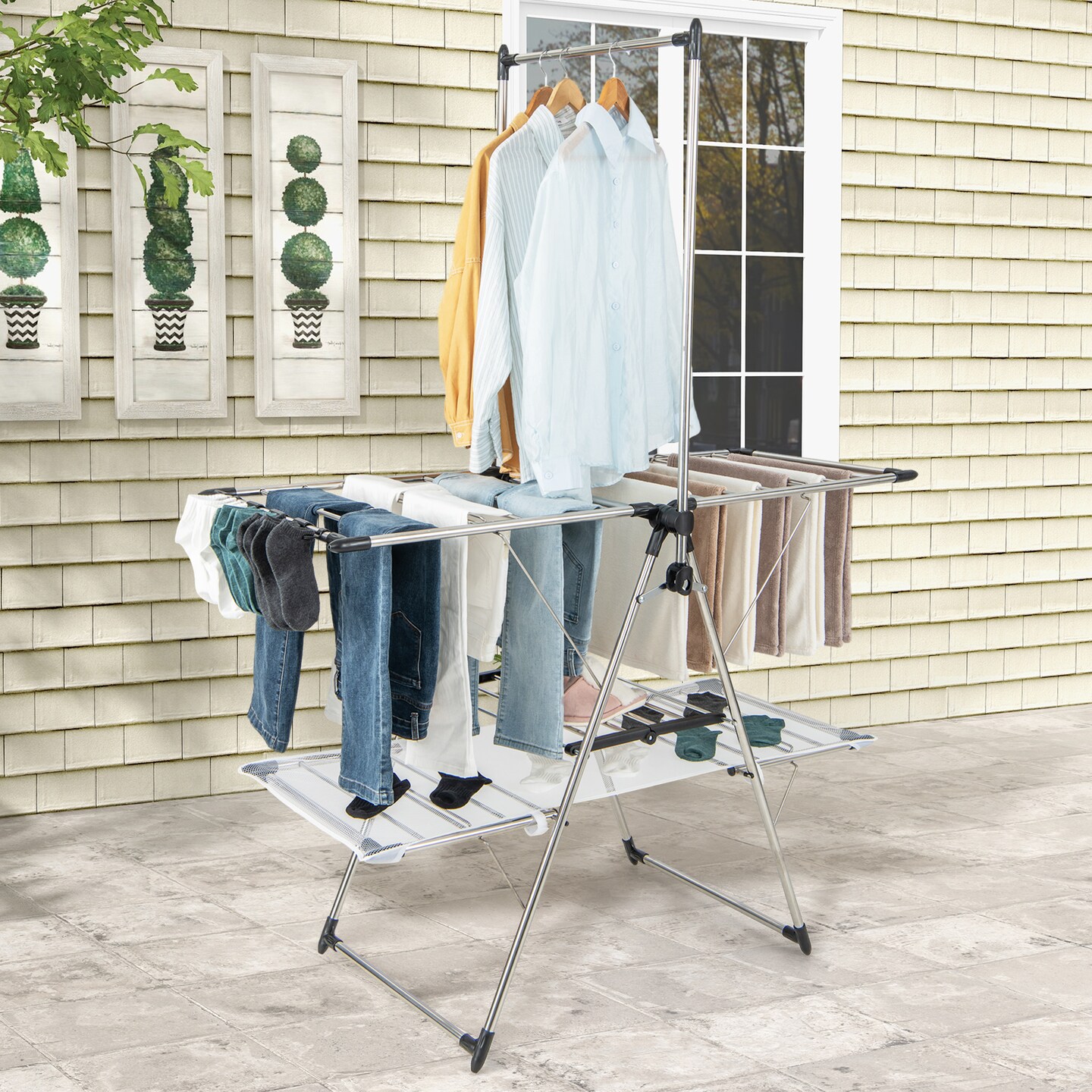 Silver 2-Tier Foldable Clothes Drying Rack with Tall Hanging Bar and Height Adjustable Gullwings