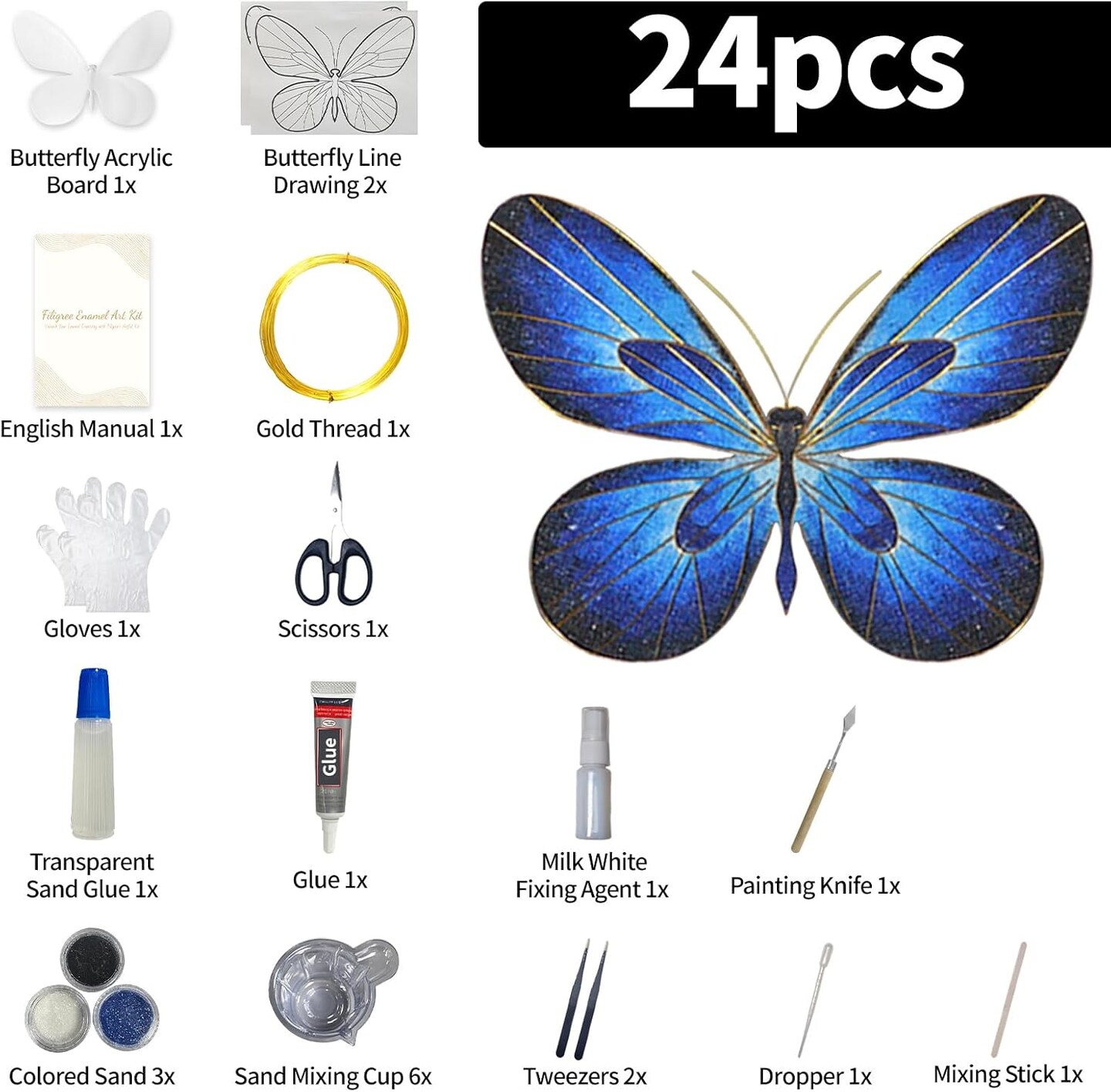 Cloisonne Enamel Art Painting Adult DIY Craft Kit, Filigree Enamel Art Projects Crafts Supplies Paint by Numbers Kit, 3D Blue Butterfly Craftwork Handmade Home Decor Mother's Day Stress Relief Gifts
