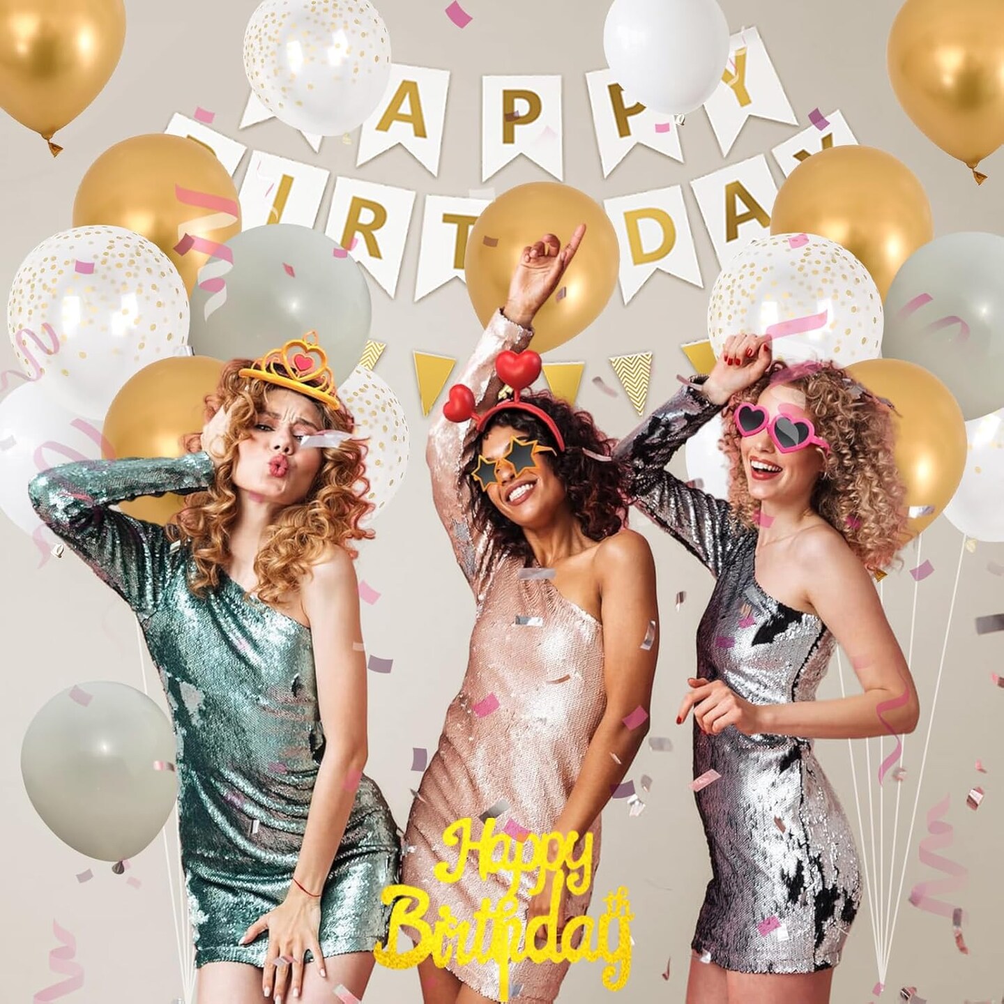 White Gold Birthday Decorations, White Cream Sand Beige Happy Birthday Decorations With Latex Helium Balloon Champagne Fringe Curtain Cake Topper Triangle Flag Banner For Girl Woman Party Supplies