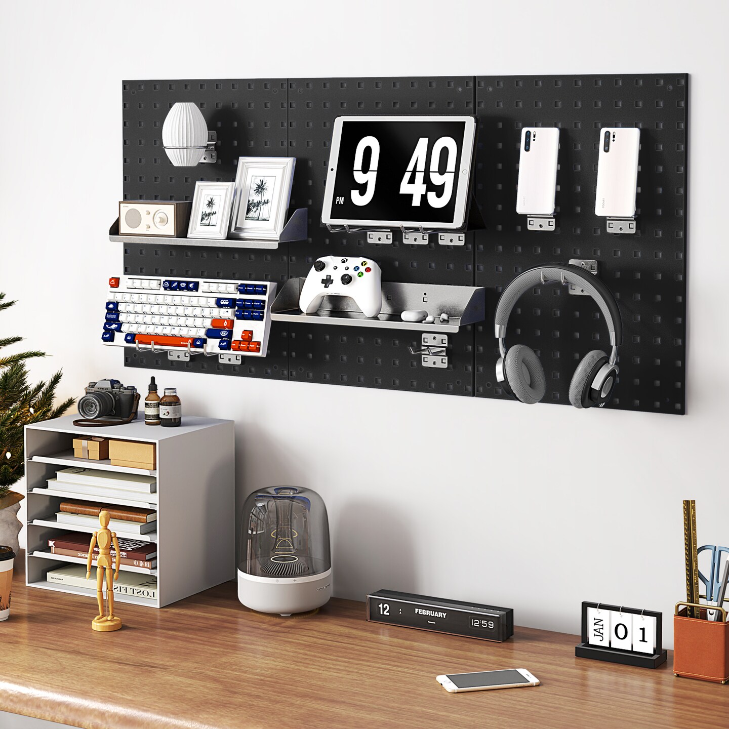 28 Pieces Wall-Mounted Pegboard Kit with 2 Storage Shelf Ideal for Garage Workshop