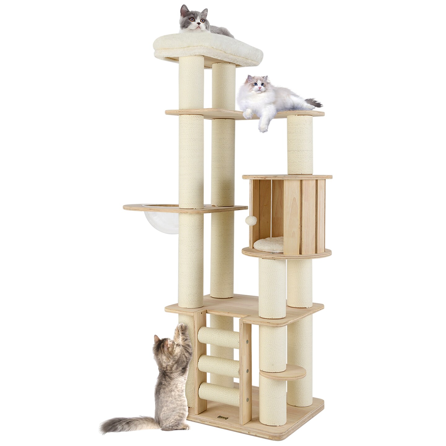 71 Inch Tall Wooden Cat Tree Tower with Soft Padded Plush Cushions Ideal for Indoor Cats