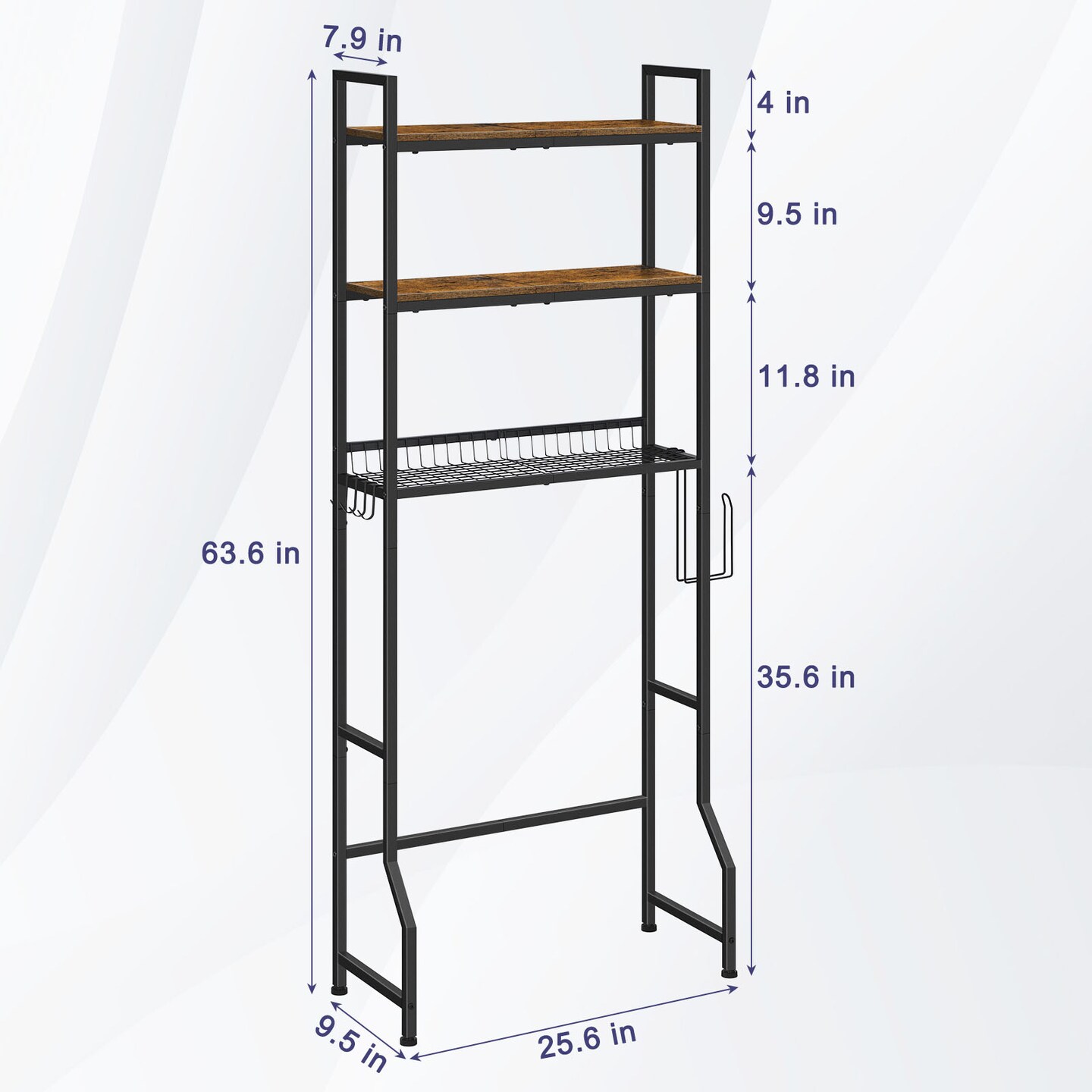 Over-The-Toilet Storage Rack 3-Tier with Anti-Tip Kit | 63.6&#x22; Tall Bathroom Organizer | Heavy-Duty Metal Frame, 30lb/Shelf, Multi-Room Freestanding Cabinet (Brown)