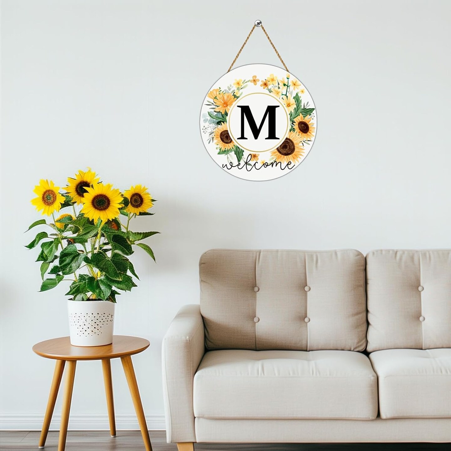 Sunflower Decor Monogram Letter M Wreaths for Front Door Wreath Wooden Welcome Sign for Front Door Decor Floral Last Name Initial House Warming Summer Porch Rustic Wall Home Kitchen Decorations