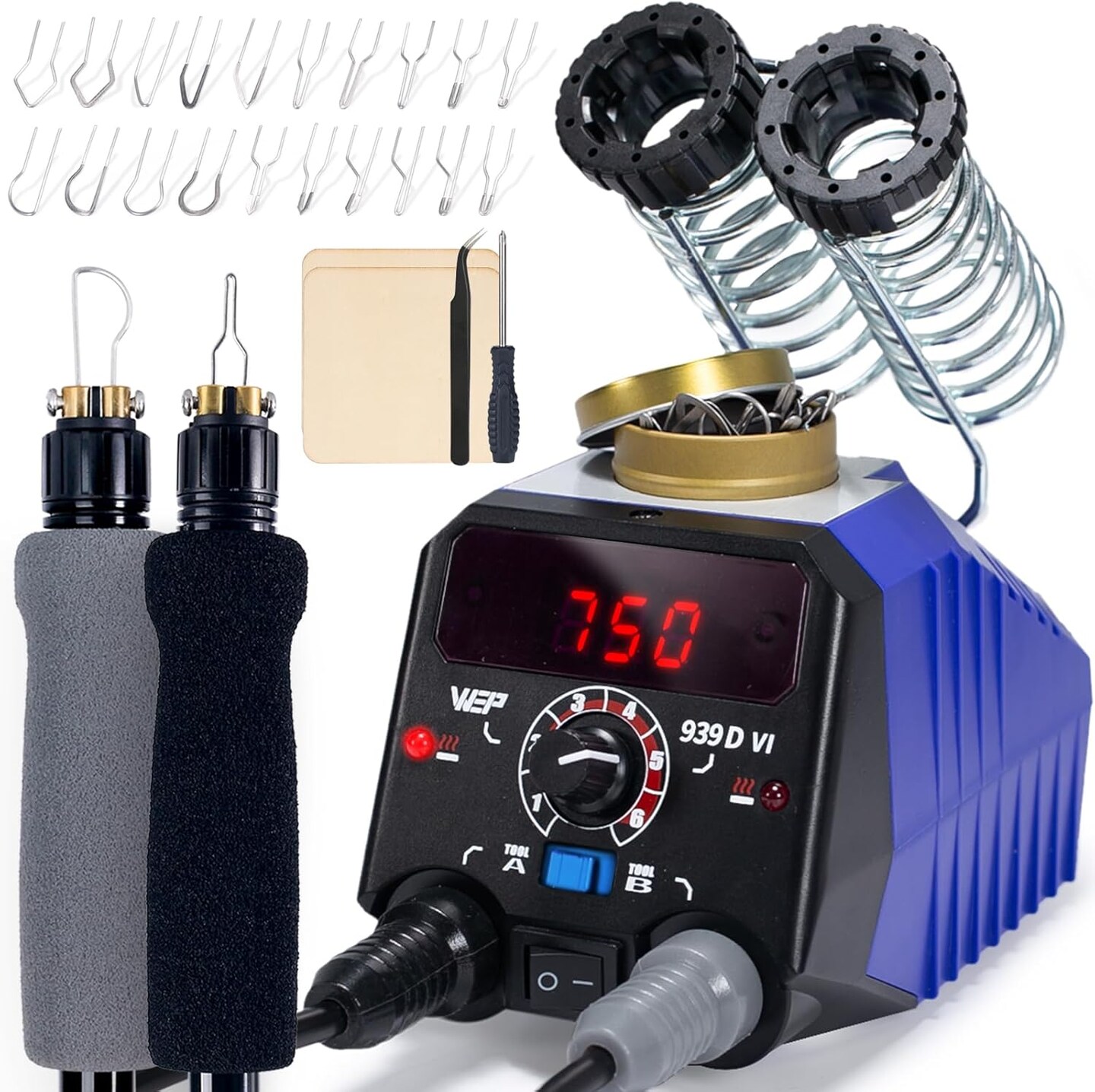 939D-VI Dual Pen Wood Burning Kit – 2 Detachable Pens, 250–750℃, 20 Tips, Dual-Barrel Holder.