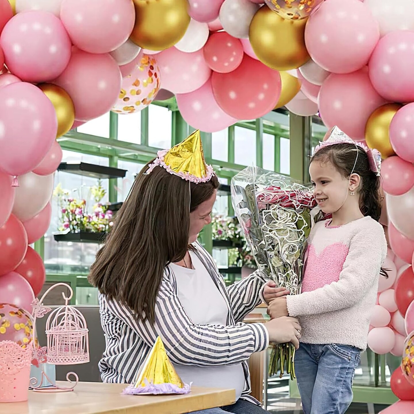 60PCS Pink Balloons, 12 Inches White Gold Confetti Latex Balloons with Ribbon Thicken