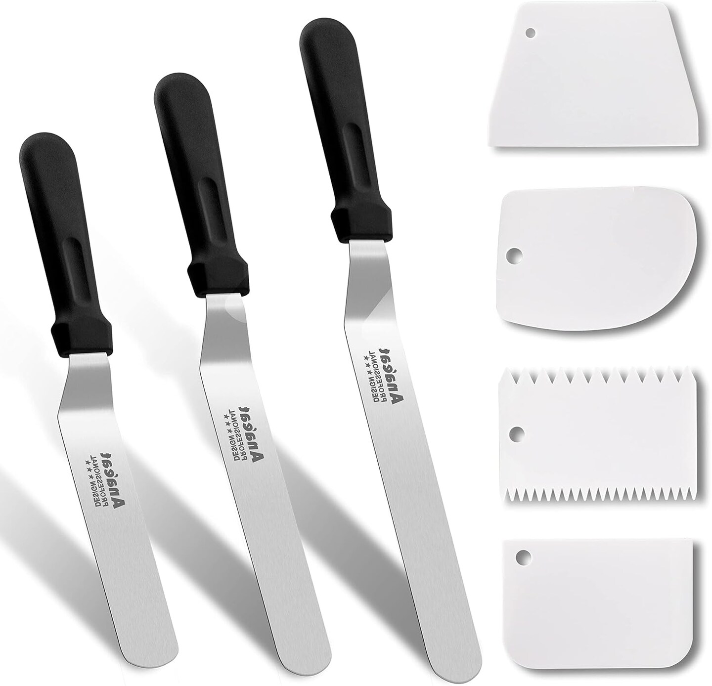 3 Pieces Professional Angled Offset Frosting Spatulas with 6&#x22;, 8&#x22;, 10&#x22; Stainless Steel Blades &#x26; 4 Pack Cake Smoother Scraper for Cake Decorating, Baking &#x26; Pastry (Set of 7)
