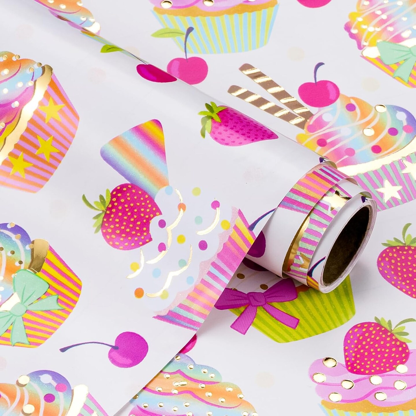 Foil Wrapping Paper Mini Roll – 17” x 16.5 ft – Gold Foil Cupcakes Birthday Gift Wrap for Kids, Girls, Baby Showers & Weddings (Birthday Cup Cake)