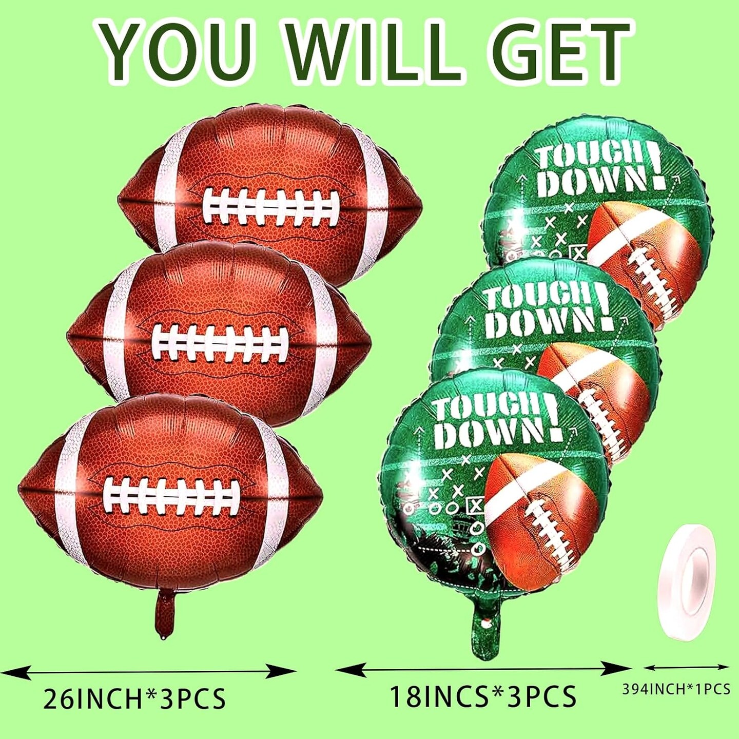 6Pcs Football Party Supplies Kit 3Pcs 26inch Football Balloons & 3Pcs 18inch Field for Birthday Celebrations, Football Party Decorations & Sports-Themed Decor
