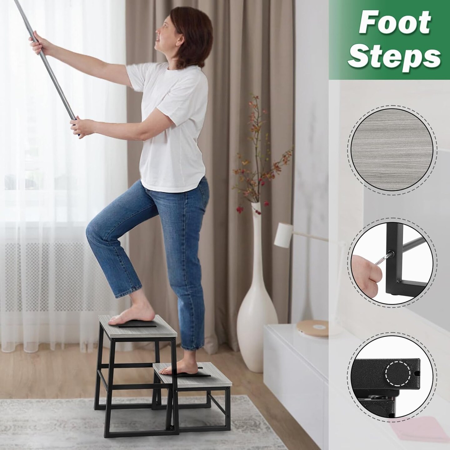 Heavy-Duty 3-in-1 Wooden Step Stool for Adults - 500lb Capacity, Detachable Metal Frame Stepping Stool for High Beds, Kitchen, Bathroom, Grey