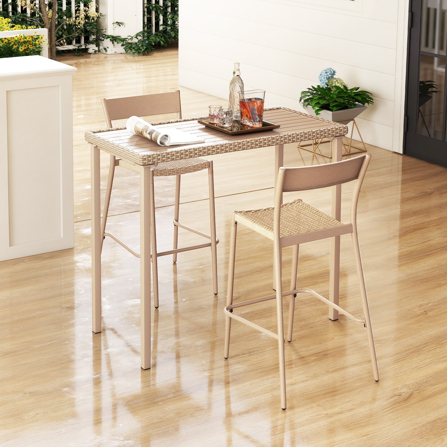 Light Brown Metal and PE Rattan Bar Table with Spacious Top and Sturdy Frame