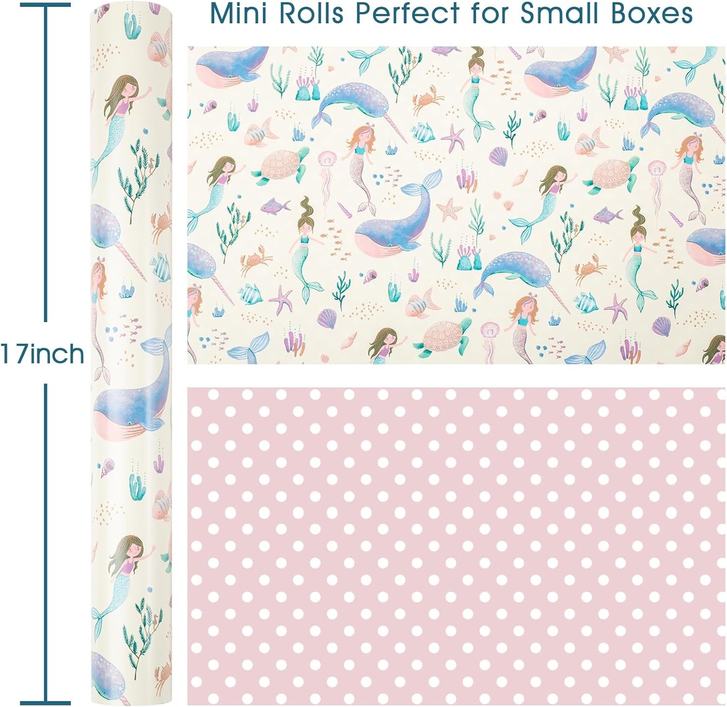 Reversible Mermaid Wrapping Paper Roll- Whale,Turtle and Sea Creature with Pink Polka Dot for Kids,Girls,Baby Shower,Birthday-Mini Roll-17 Inch X 32.8 Feet