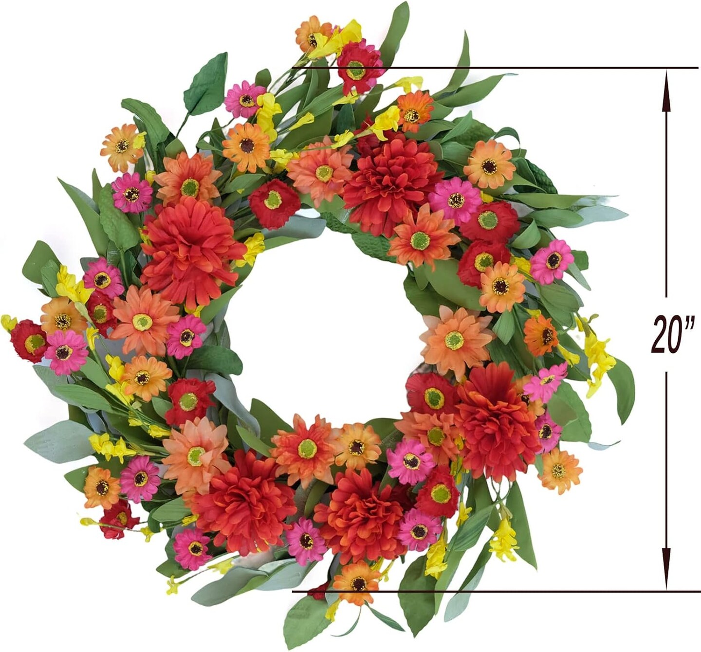 18 Inches Bright Summer Floral Wreath- Artificial Colorful Daisy and Green Leaves Wreath for Summer Indoor Decor
