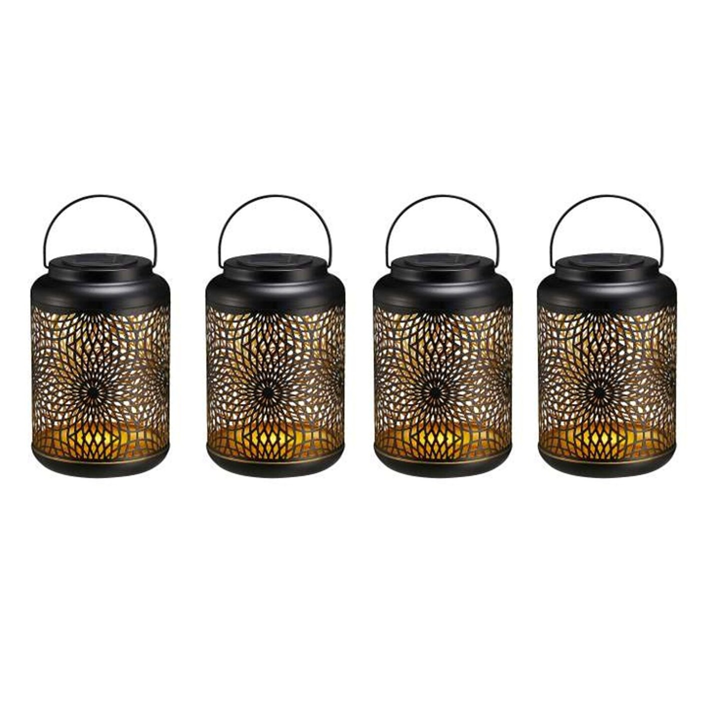 Set of 2/4 8.75"H Metal Cutout Scrollwork Solar Powered LED Outdoor Lantern with handle