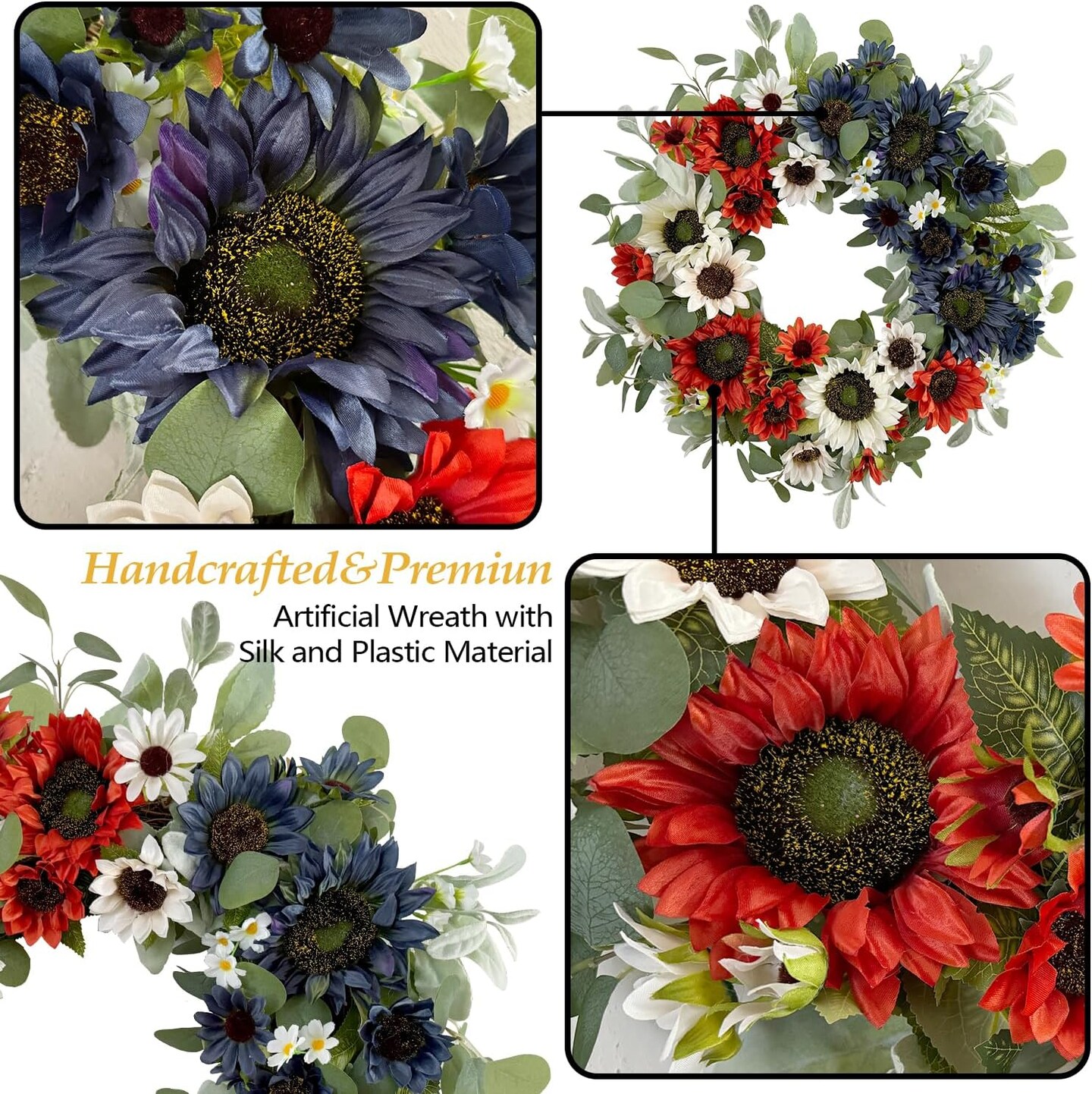 24in Patriotic Sunflower Wreath, Red White Blue, 4th of July Decor