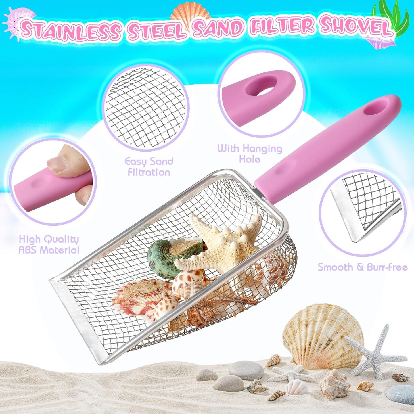 Summer Beach Toys, Sand Toys with Collapsible Beach Bucket, Beach Mesh Shovel, Sand Sifter and Mesh Bag for Shell Collecting, Shark Tooth Sifter Sand Dipper Beach Scoop for Kids Adults Boys Girls
