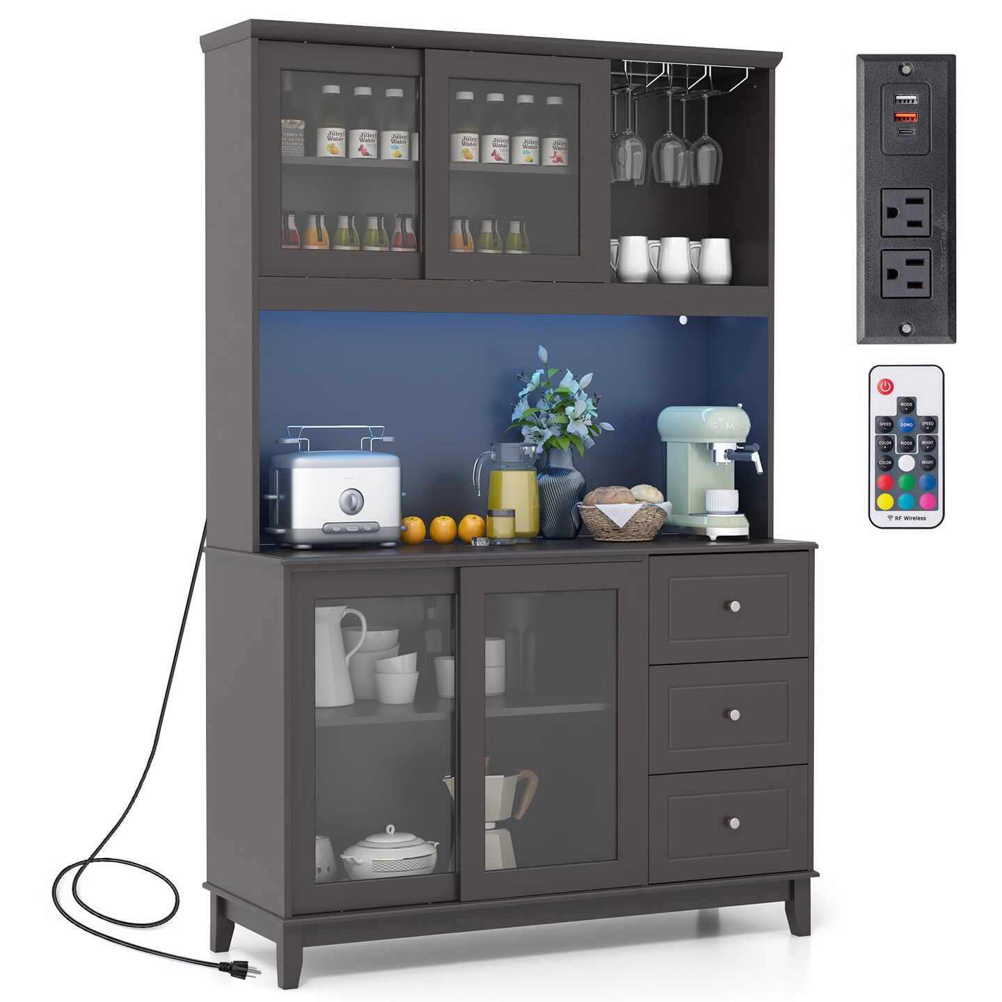 Kitchen Pantry Storage Cabinet with 2 Compartments with Doors and LED Lights and Power Outlet