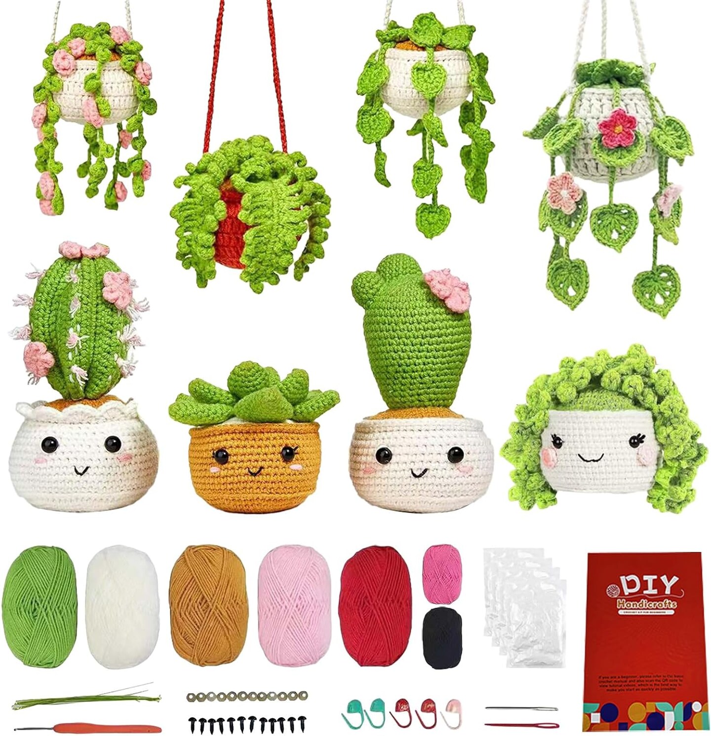 Crochet Kit for Beginners,8 Pack Crochet Kit - Crochet Starter Kits for Adults Craft Knitting Crochet Kits with Step-by-Step Video Tutorials, Women Gift,Hanging Potted Plants Family(40%+ Yarn)