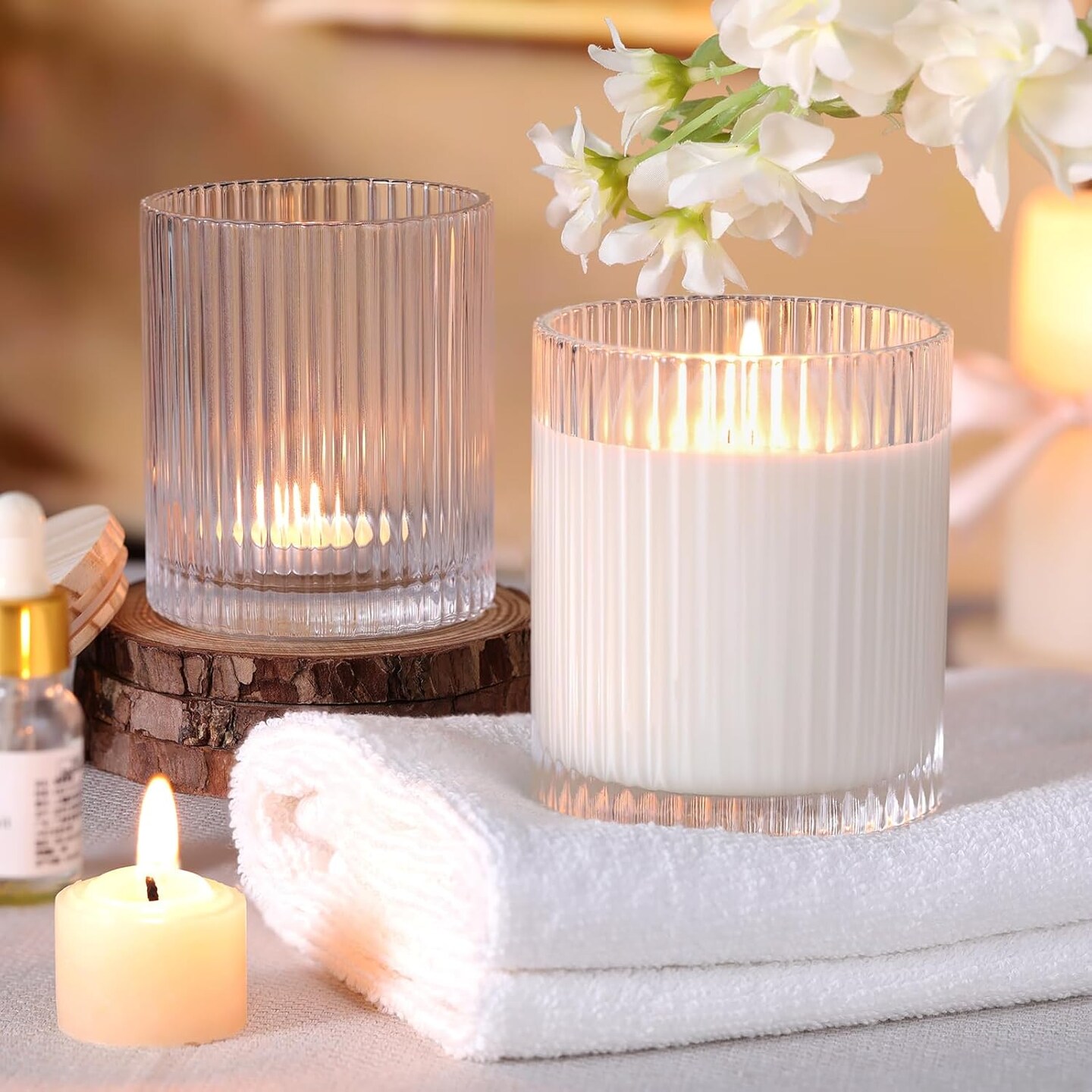 8-Pack 10oz Clear Ribbed Glass Candle Jars – Wood Lids & Labels, DIY Candle Containers for Gifts & Home Decor