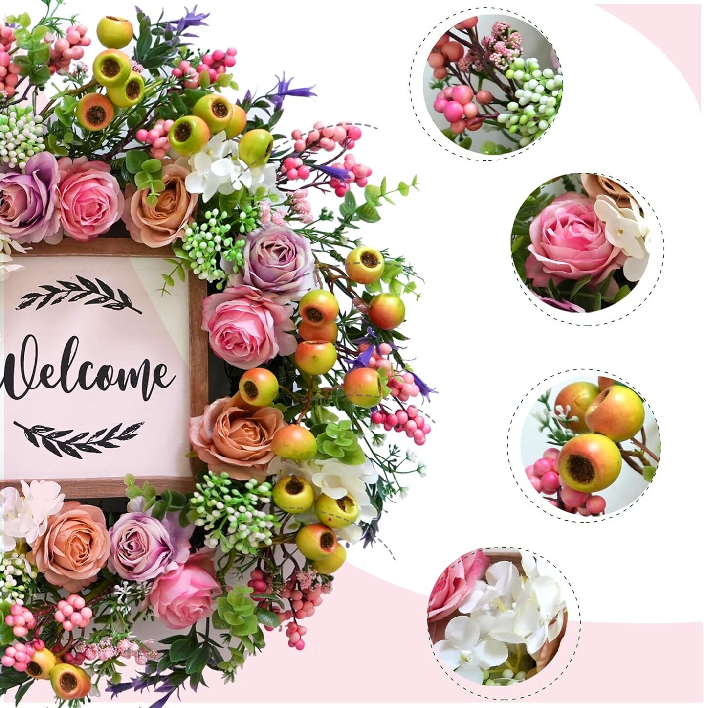 Summer Wreath for Front Door, 18inch Artificial Berries and Colorful Flower Wreaths with Welcome Sign, Summer Greenery Wreath for Front Door Wall Window Festival Decor
