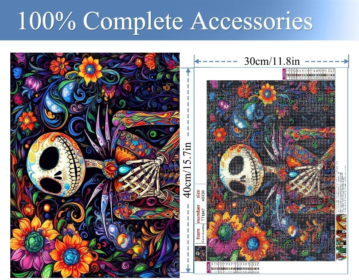 Diamond Painting Kits for Adults - Skeleton DIY 5D Diamond Art Kits Full Drill Halloween Diamond Dots Paintings with Flowers Diamonds Gem Art and Crafts Home Decor 12x16inch