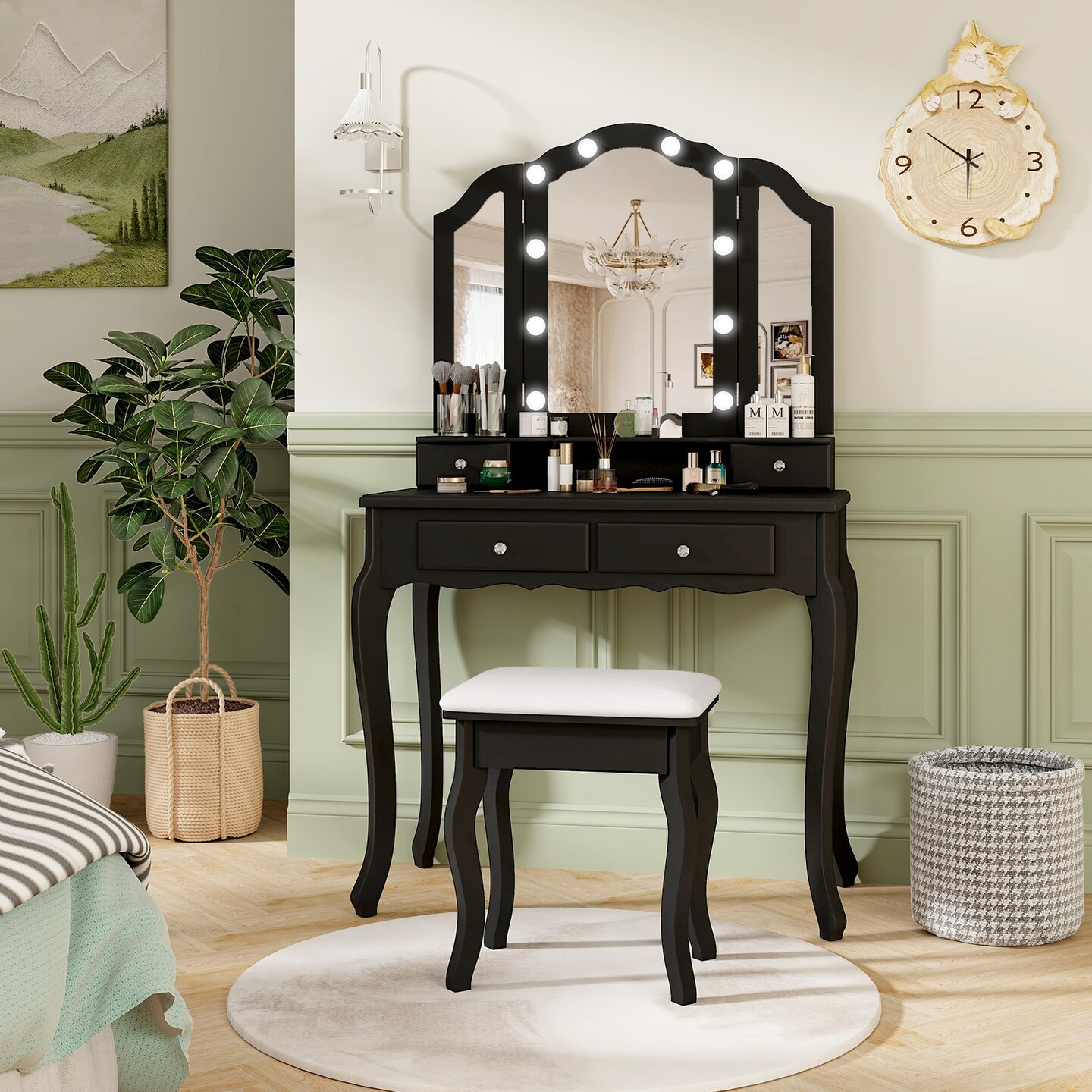 Black Vanity Set with Tri-Fold Mirror &#x26; LED Lights, 4 Drawers