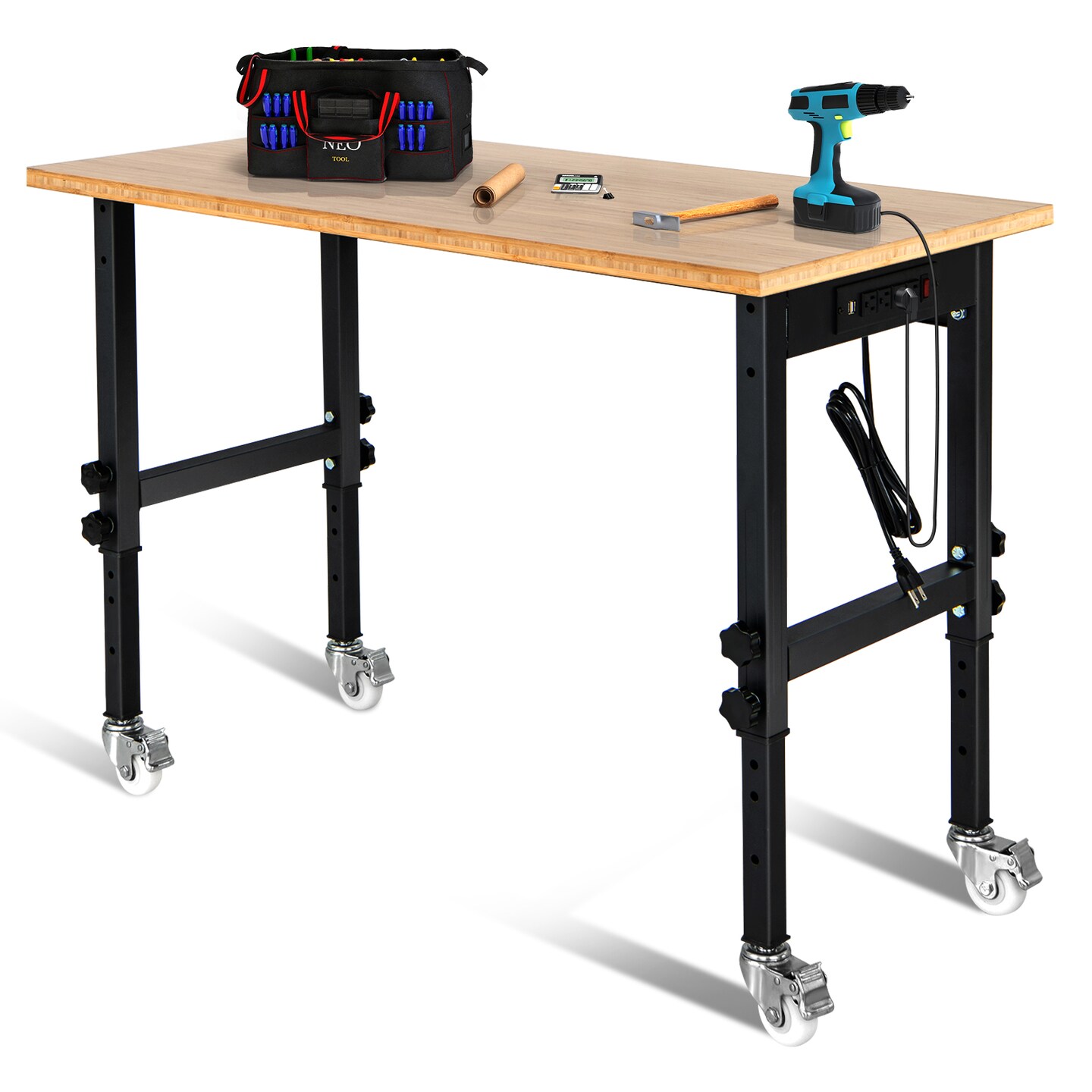 Natural Wicker Adjustable Workbench/Computer Desk/Dining Table with AC Outlets and USB Ports