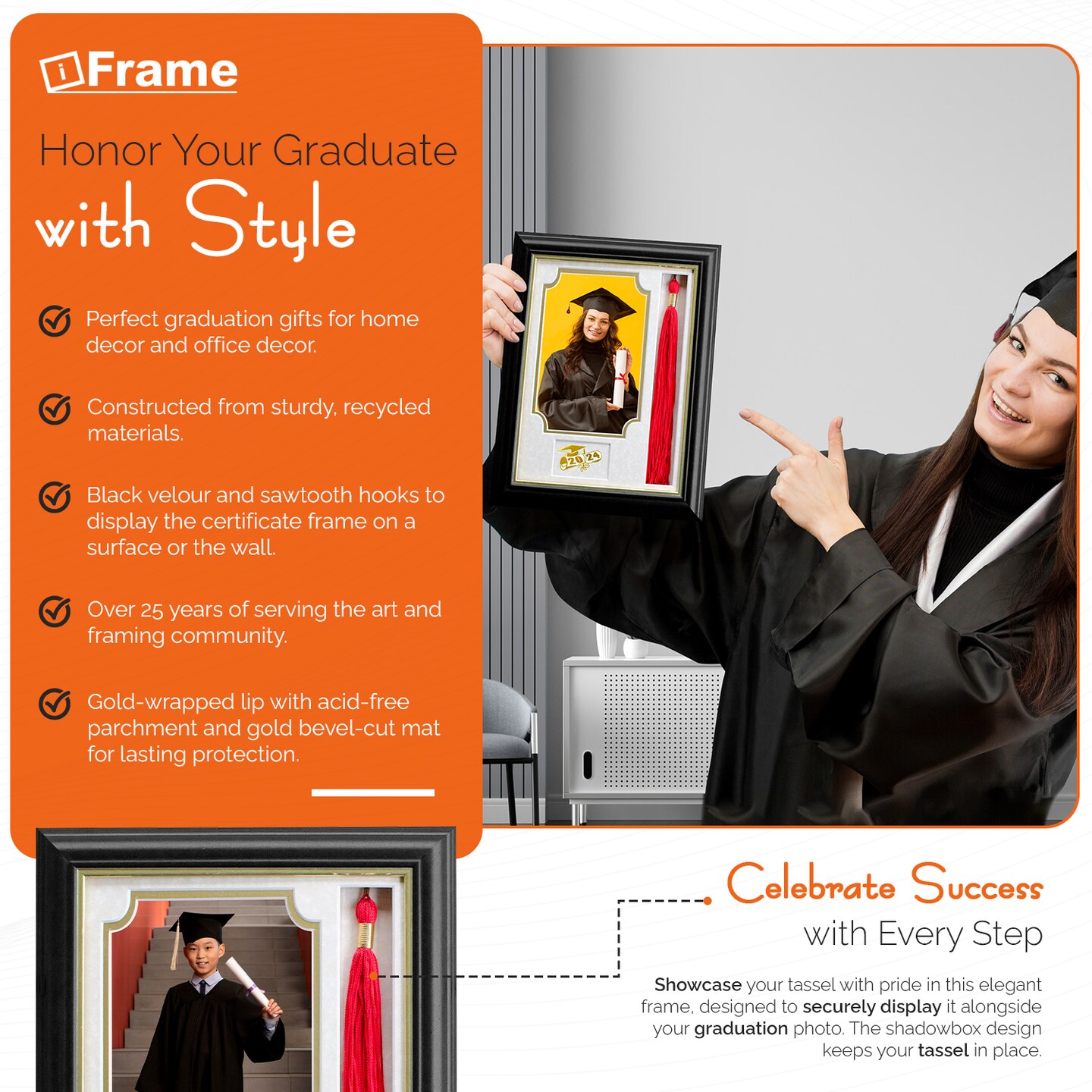 iFrame Graduation Photo &#x26; Tassel Frame I 5x7 Picture Frame I Customizable Grade Class Year | Real Wood Cherry, Black and Walnut Finish I Wall Mount &#x26; Tabletop Graduation Frame | Made in USA
