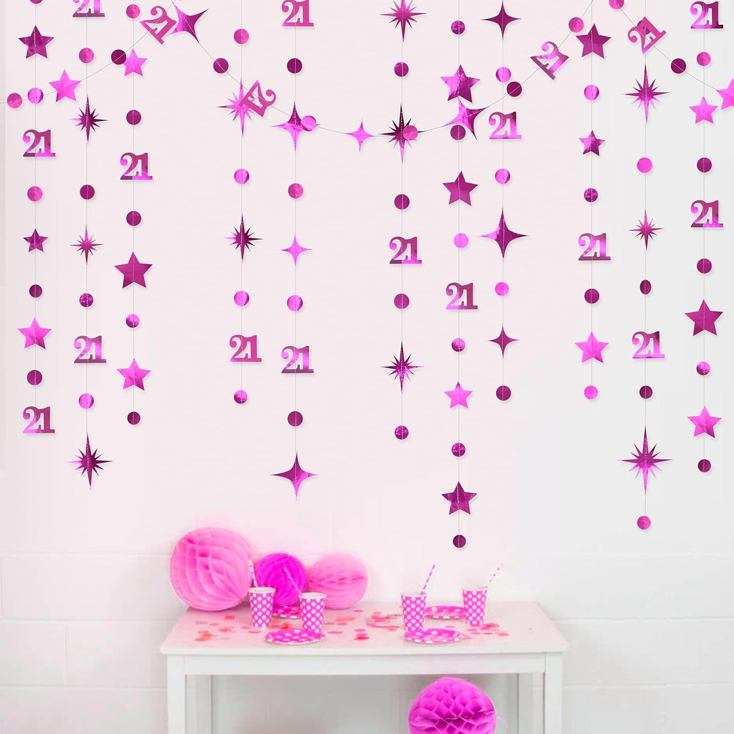Hot Pink Number 21 Circle Dot Twinkle Star Garland Metallic Hanging Streamer Banner Backdrop Decorations for Girls Happy 21st Birthday Hot Girl Finally Legal Bday 21st Anniversary Party Supplies