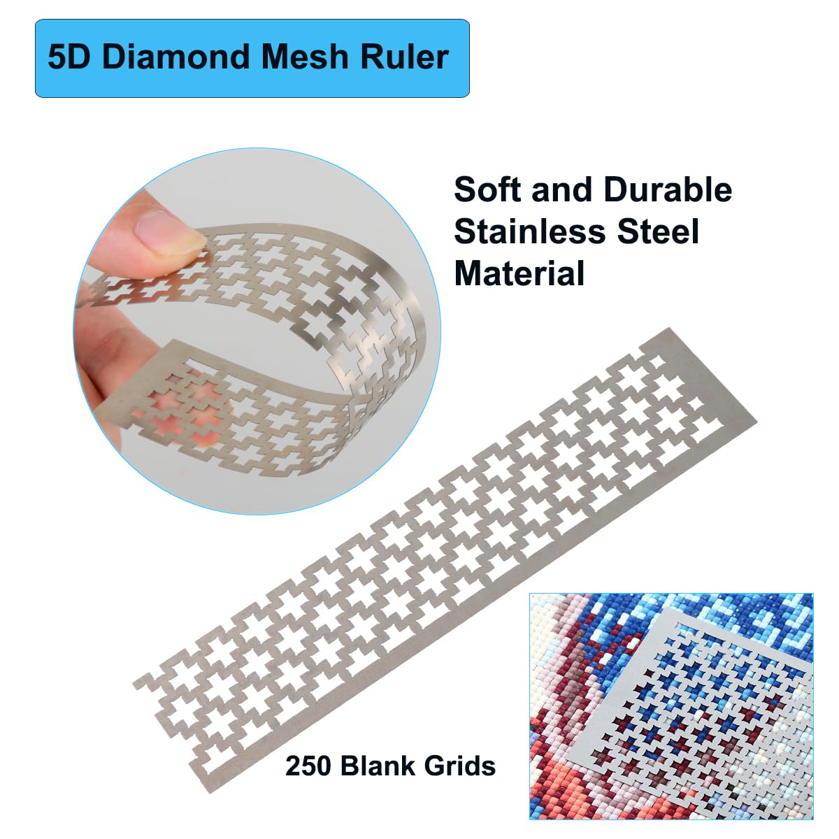 3 Pieces Diamond Painting Ruler Stainless Steel Mesh Ruler 5D Diamond Tool Drawing Ruler with 250, 250 and 408 Blank Grids for DIY Diamond Painting Kits