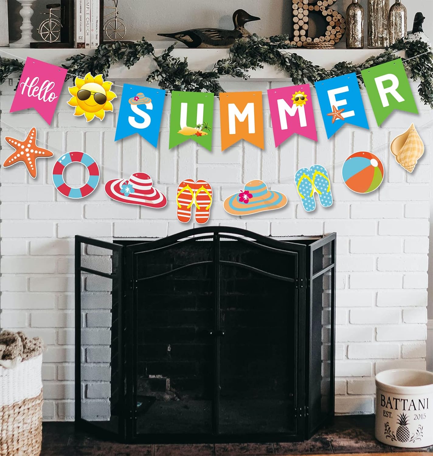 Hello Summer Banner and Beach Patterns Banner Colorful Summer Bunting Banner with Sun Signs Summer Beach Pool Party Banner for Wall Mantle Fireplace Party Hanging Decorations