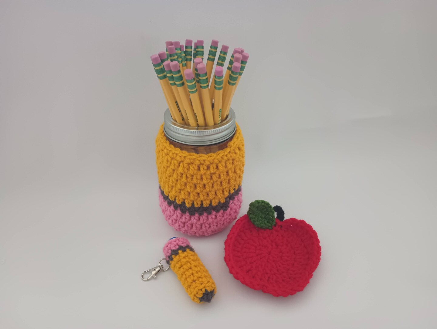 Handmade Crochet Teacher Desk Apple Coaster, Pencil Shaped  Chapstick Holder with Clip and Pencil Shaped Cozy for Pencil Jar  MakerPlace