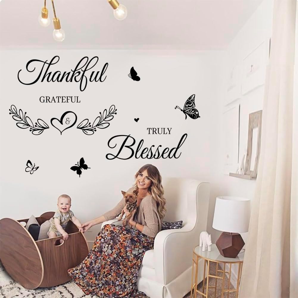 Inspirational Quote Wall Decor Thankful Grateful Blessed Wall Decal Quote Faith Vinyl Lettering Wall Stickers for Home Decor Living Room TV Background Home Decoration