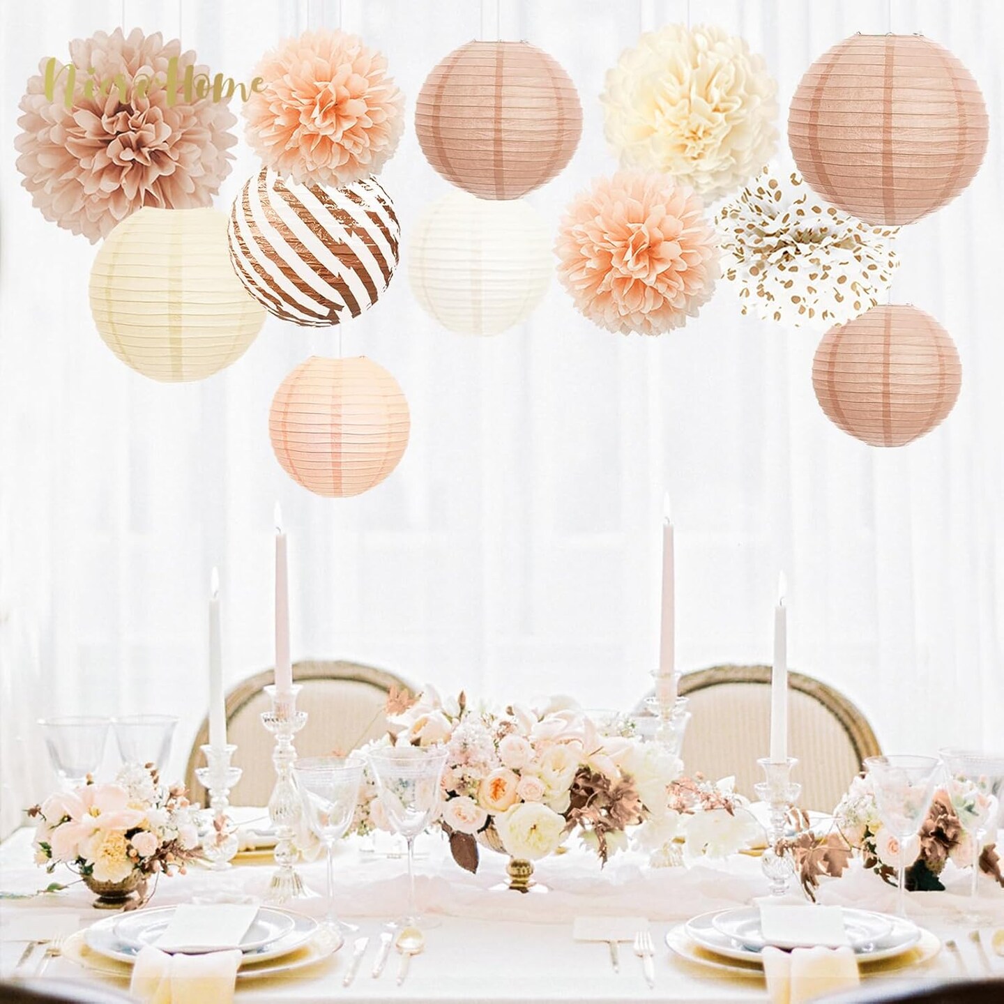 Wedding Party Decorations, 12 PCS Creamy White Tissue Paper Pom Poms and Lanterns Set, Champagne Paper Flowers for Engagement Receptions, Boho Bridal Showers Party Supplies