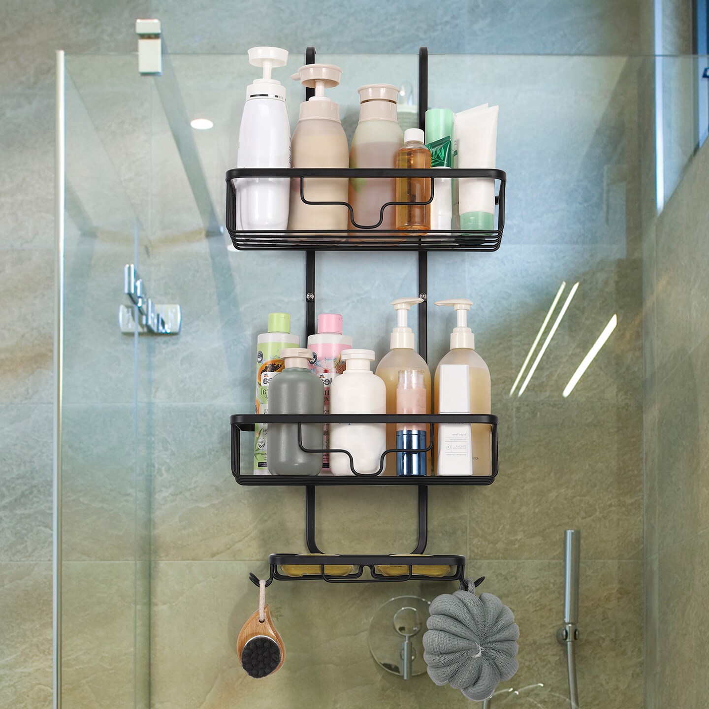 Over The Door Shower Caddy Organizer &#x2013; 3-Tier Aluminum Hanging Bathroom Storage with 2 Baskets, 4 Hooks &#x26; Soap Holder, Rustproof &#x26; No Drill Installation (Black)