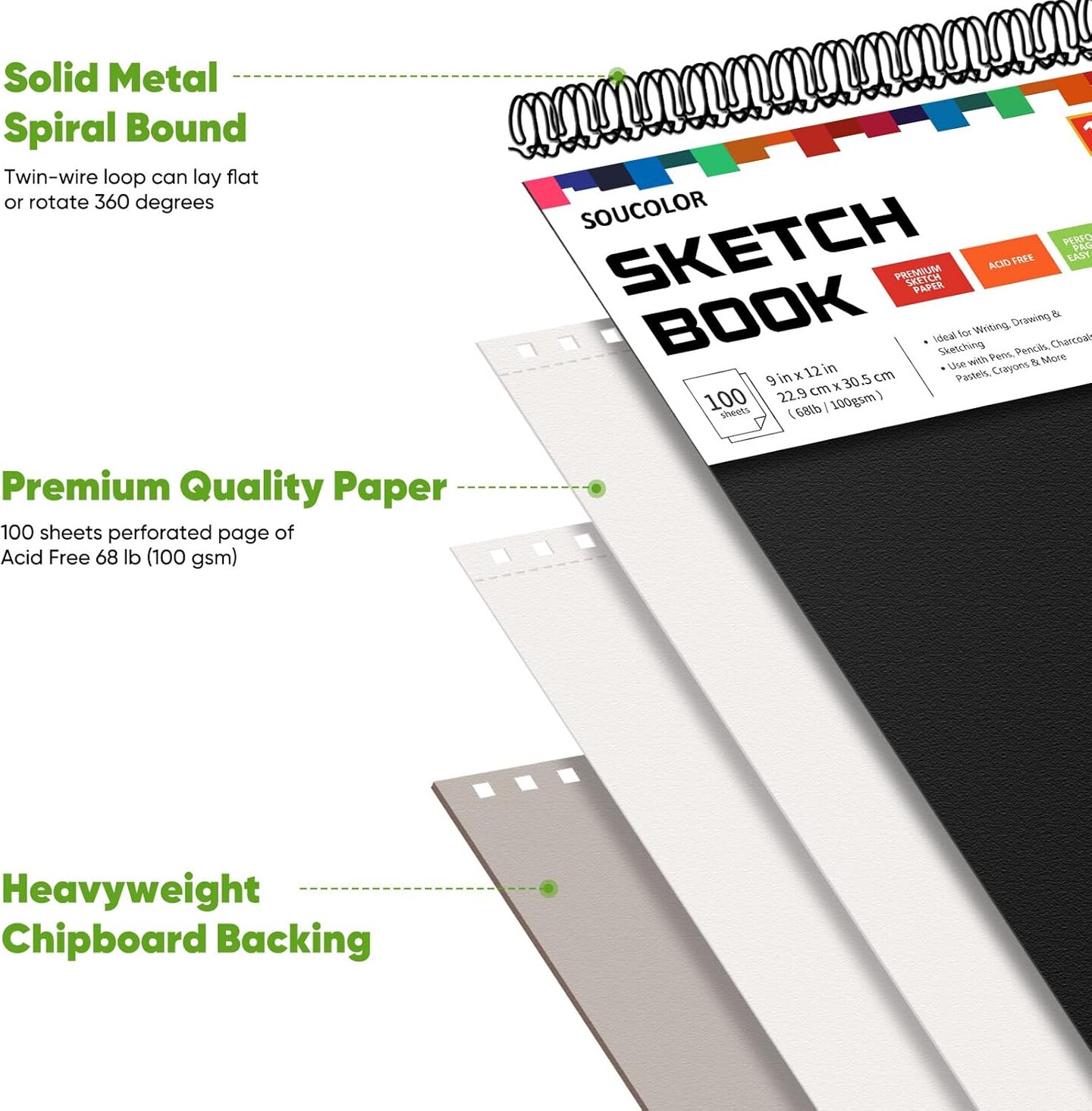 9&#x22; x 12&#x22; Sketch Book, 1-Pack 100 Sheets Spiral Bound Art Sketchbook, (68lb/100gsm) Acid Free Artist Drawing Book Paper Painting Drawing Writing Sketching Pad for Kids Adult Teens Girls Boys