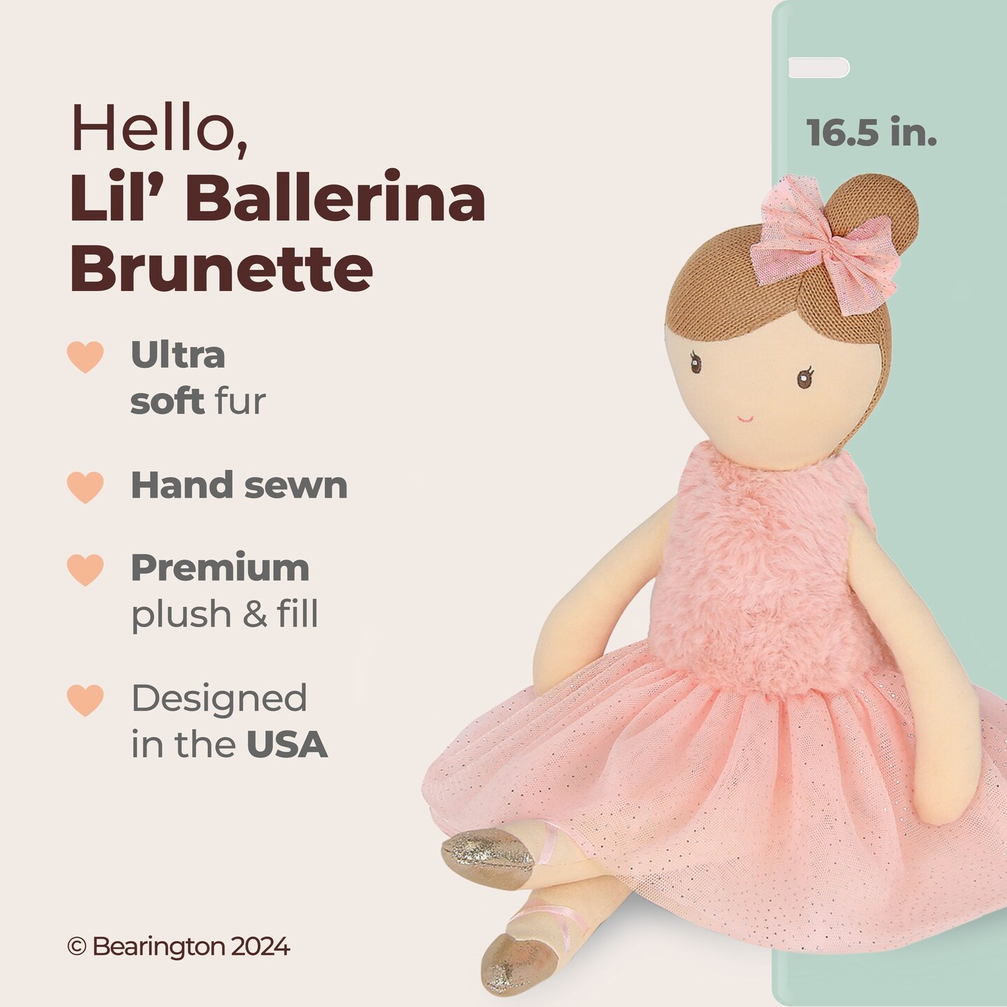 Bearington Collection Lil&#x27; Brunette Ballerina 16.5 In - Stuffed Ballerina Doll - Plush Toys for Girls