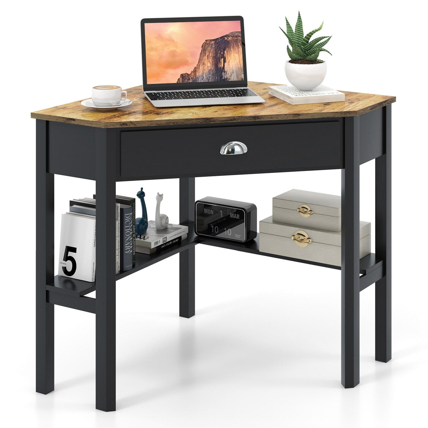 Wooden Corner Computer Desk with Big Storage Drawer and Two Open Shelves