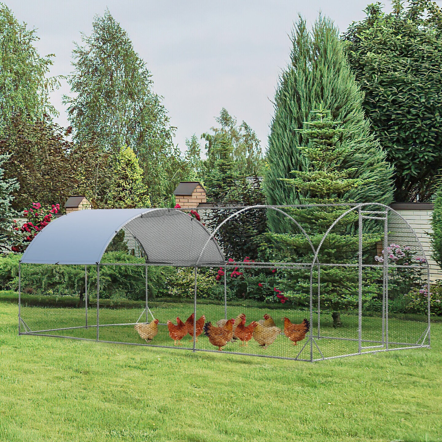 Galvanized Metal Chicken Coop with Waterproof Cover, Lockable Door and Spacious Design