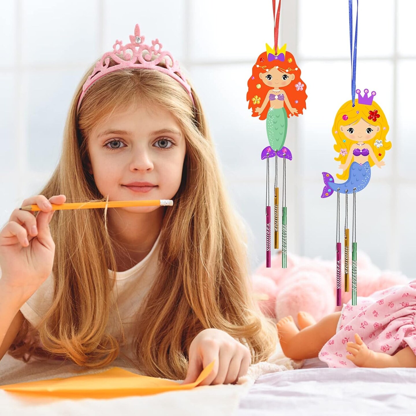 9 Pack Summer Mermaid Wind Chime Kit for Kids Make Your Own Wind Chime Wooden Arts and Crafts for Girls Boys Ornaments DIY Coloring Mermaid for Summer Art Activity Birthday Party Decoration
