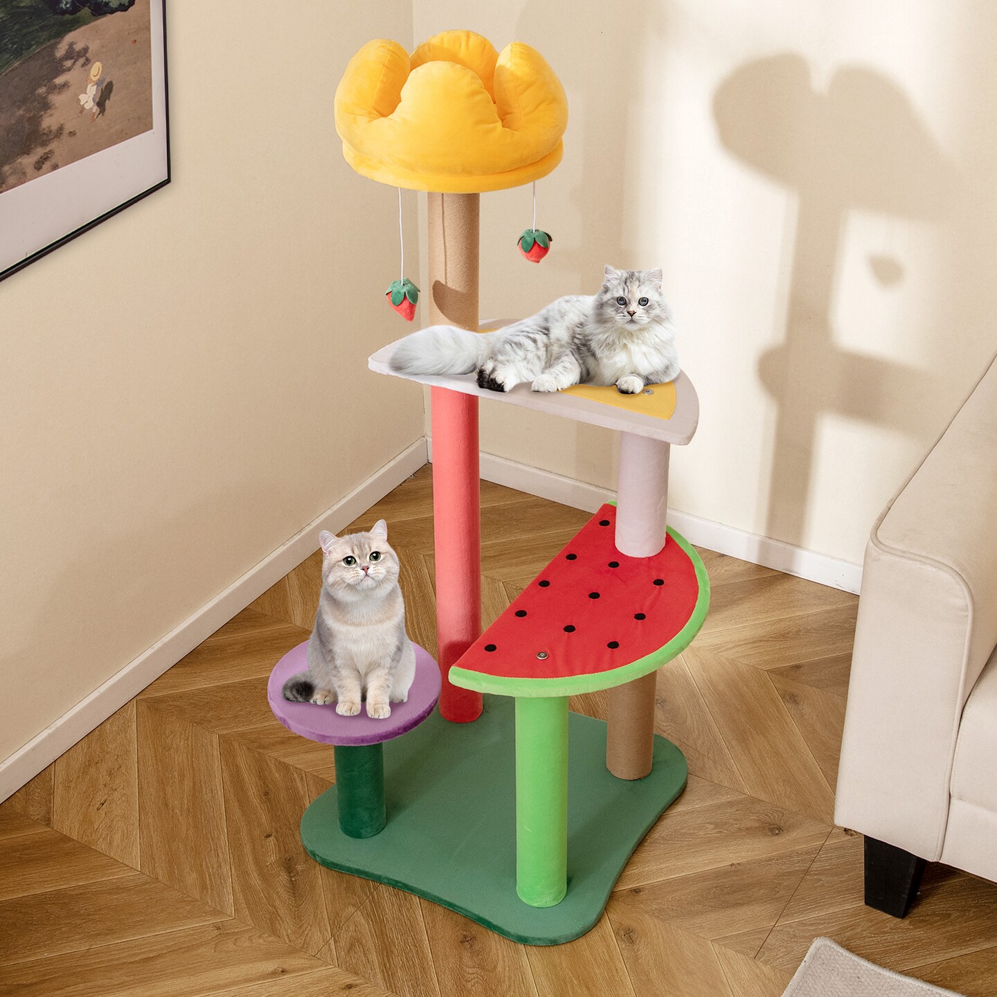 Multi-Color Plush Cat Tree with Scratching Posts and Fruit-Themed Perches
