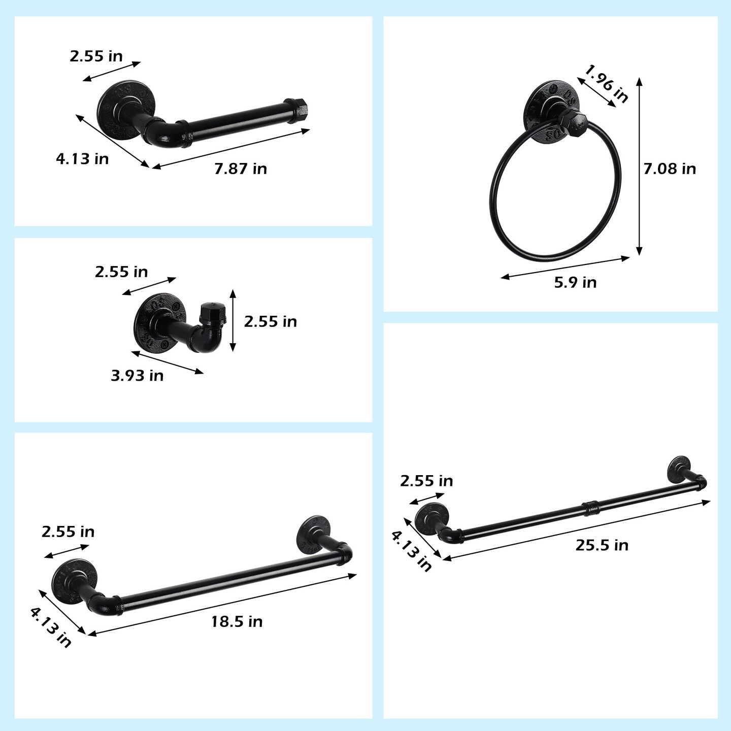 7pcs Black Metal Toilet Paper Holder &#x26; Towel Rack Set - Industrial Wall-Mounted Bathroom Hardware, Space-Saving No-Assembly Design with Chamfered Edges