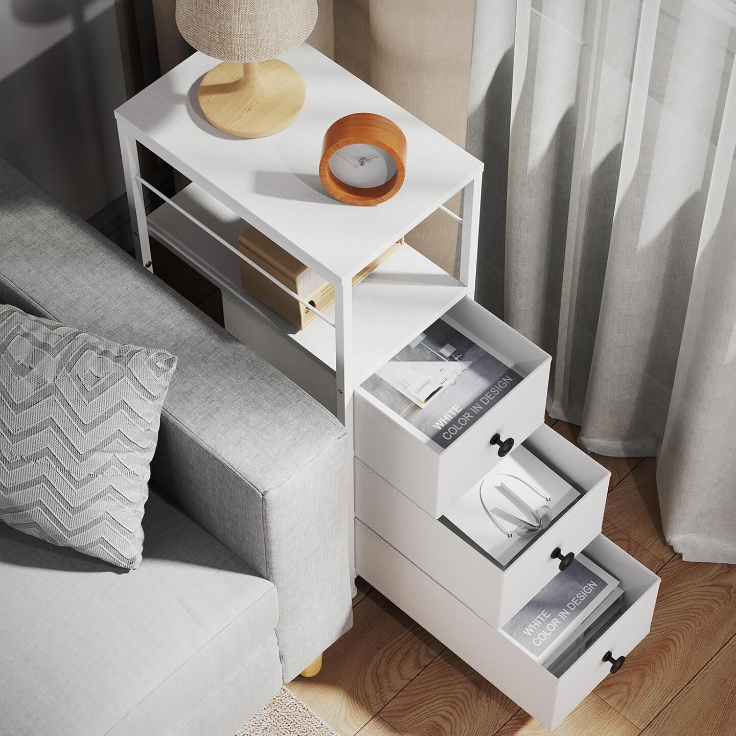 Narrow Dresser for Small Spaces | Slim White 3-Drawer Chest with Wood Shelf & Anti-Tip Design | Space-Saving Bedroom/Office Dresser Tower (28.26" H x 10.04" W)