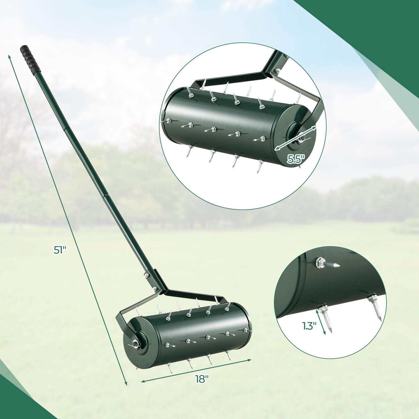 Green Galvanized Steel Lawn Aerator with Spikes, Sand-Filled Drum and Detachable Handle